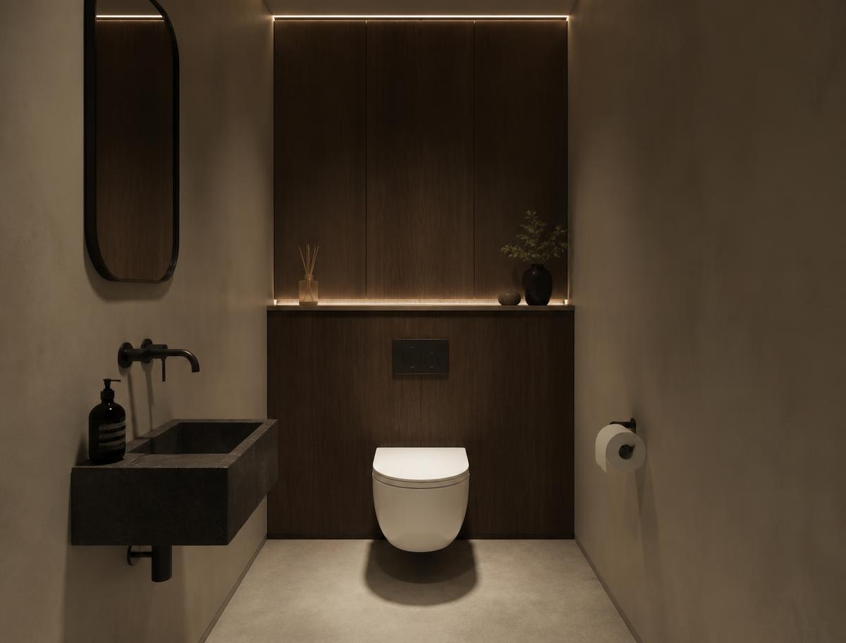 Modern toilet met microcement wanden en hangend closet