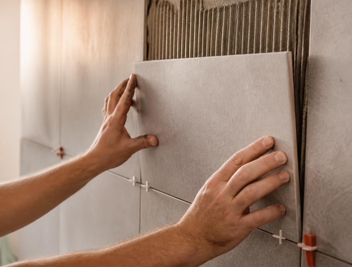 Vakman brengt nauwkeurig grootformaat wandtegels aan